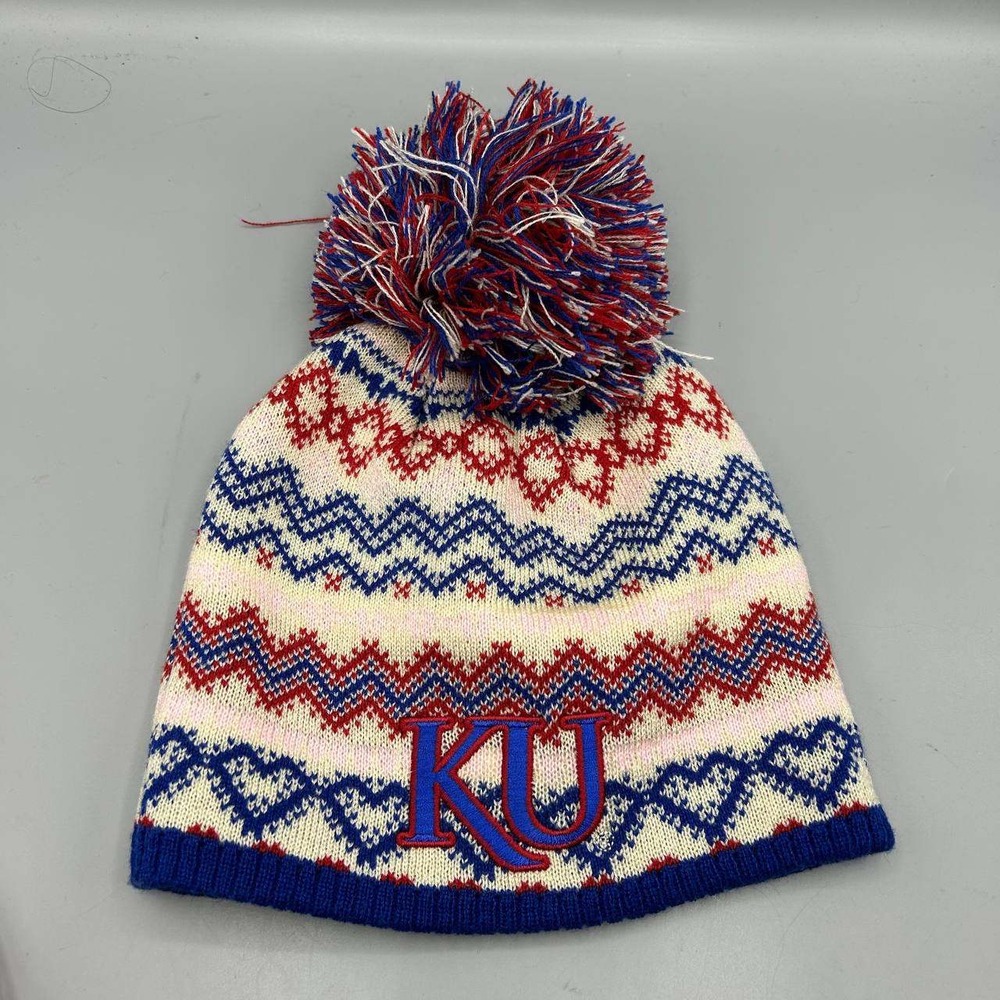Kansas Jayhawks NCAA Hat Youth Blue Red Fair Isle Adias Beanie Pom Pom Cap